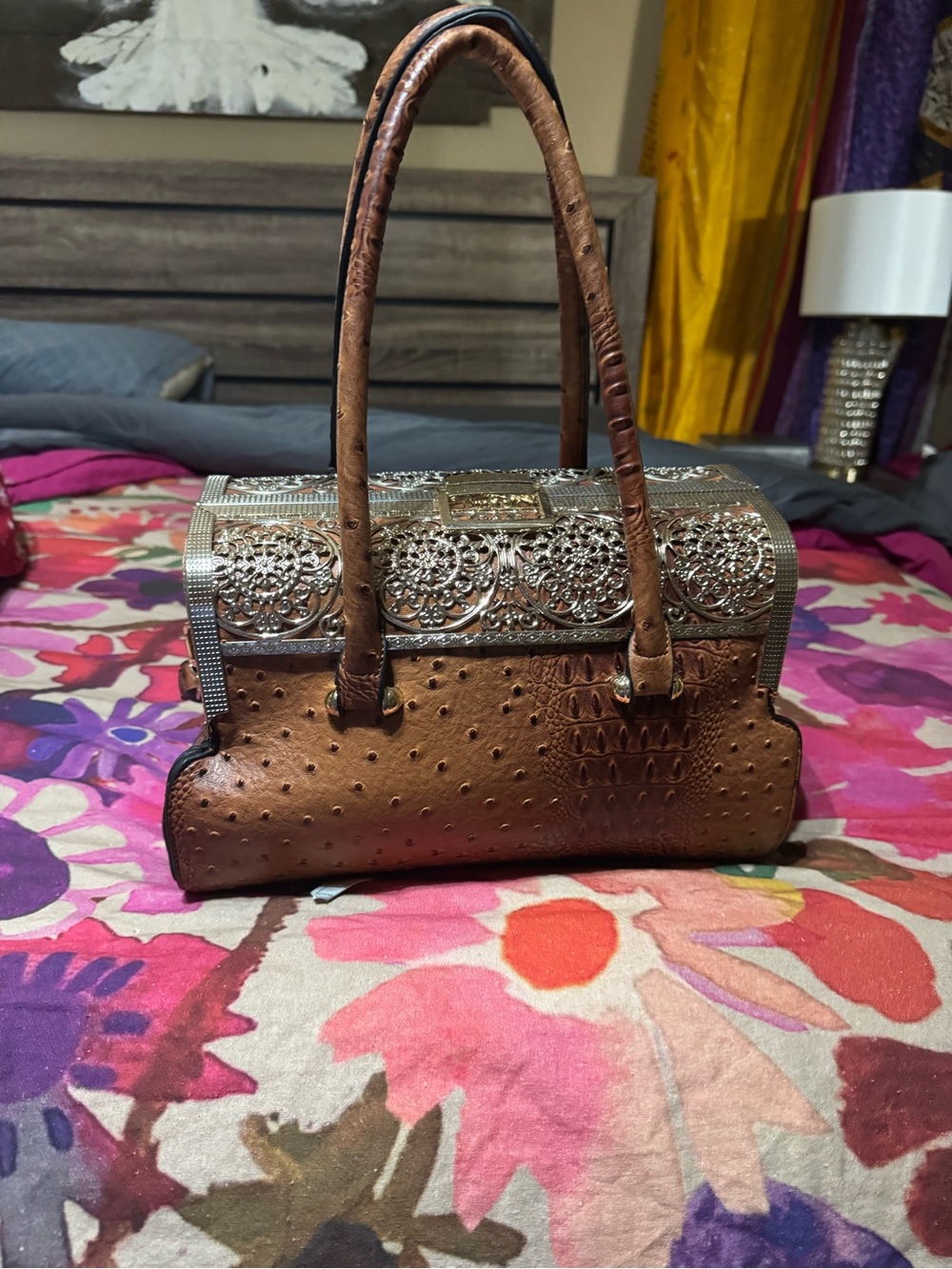 Brown Embossed Leather Satchel Handbag